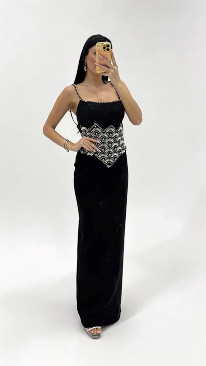 Black Strappy Evening Dress with Crystal Embellishments at the Waist