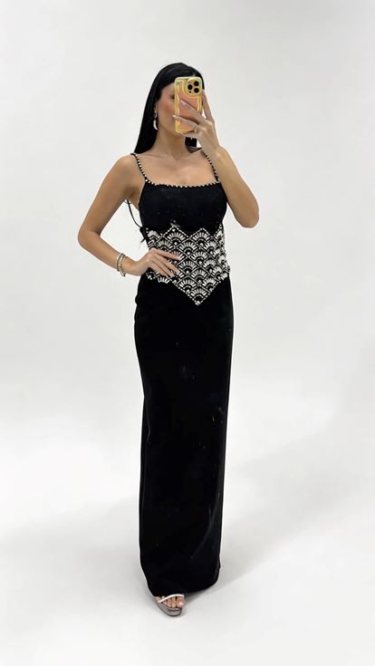 Black Strappy Evening Dress with Crystal Embellishments at the Waist