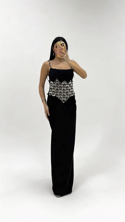 Black Strappy Evening Dress with Crystal Embellishments at the Waist