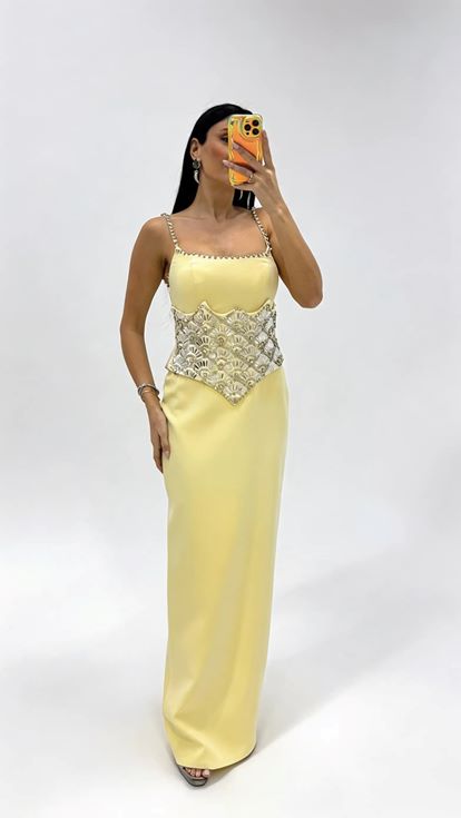 Butter Yellow Strappy Evening Dress with Crystal Embellishments at the Waist