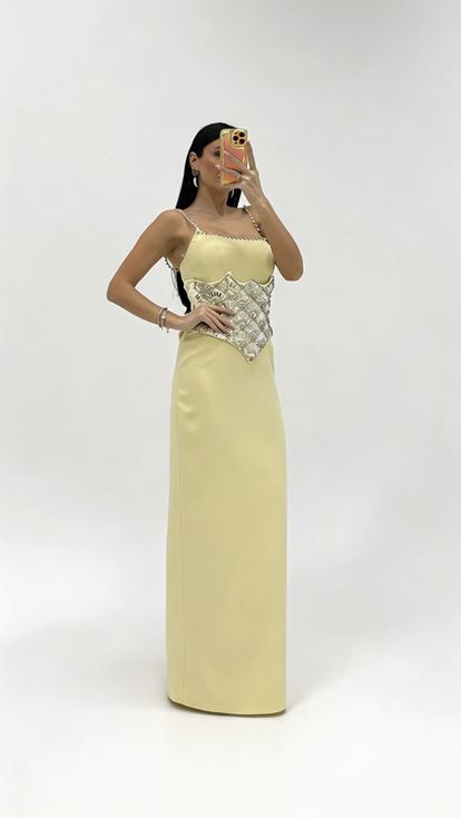 Butter Yellow Strappy Evening Dress with Crystal Embellishments at the Waist