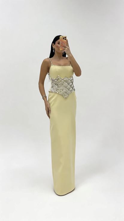 Butter Yellow Strappy Evening Dress with Crystal Embellishments at the Waist