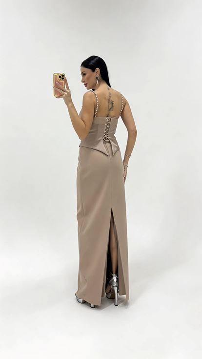 Mink Strappy Evening Dress with Crystal Embellishments at the Waist