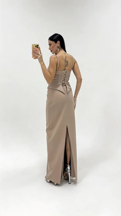 Mink Strappy Evening Dress with Crystal Embellishments at the Waist