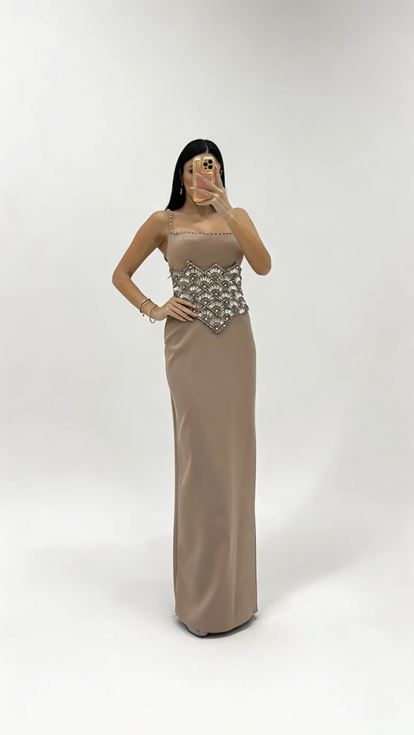 Mink Strappy Evening Dress with Crystal Embellishments at the Waist