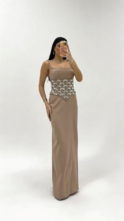Mink Strappy Evening Dress with Crystal Embellishments at the Waist
