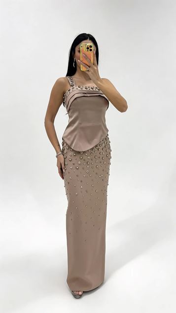 Stone Embellished Strappy Evening Dress