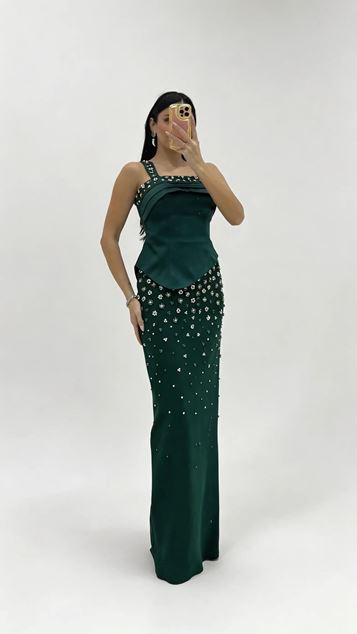 Emerald Stone Embellished Strappy Evening Dress