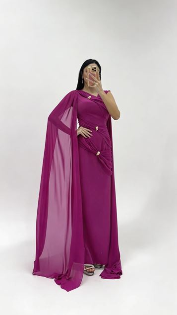 Fuchsia Hellenistic Draped Buckled Evening Dress