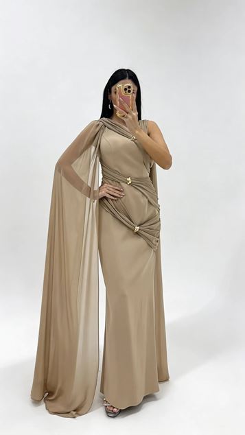 Mink Hellenistic Draped Buckled Evening Dress