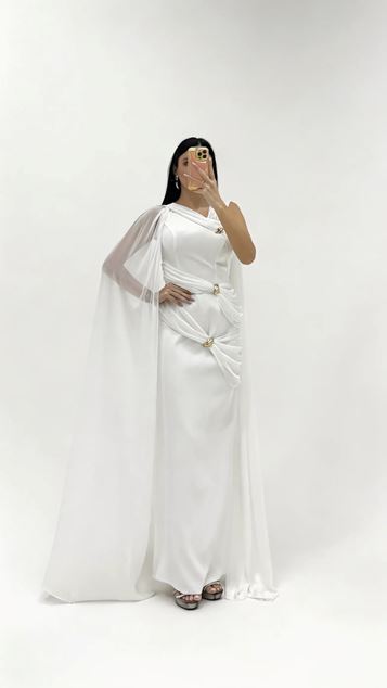 Bone Hellenistic Draped Buckled Evening Dress