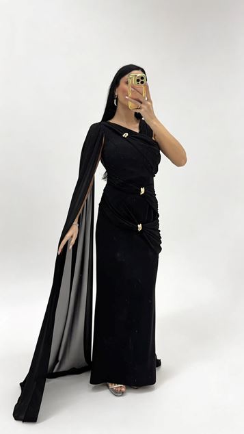 Black Hellenistic Draped Buckled Evening Dress