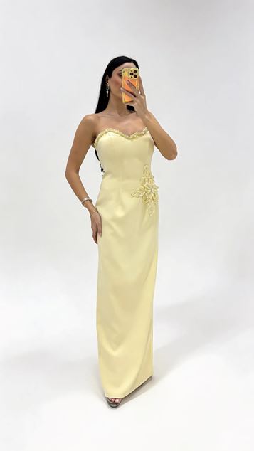 Butter Yellow Floral Patterned Strapless Embellished Evening Dress