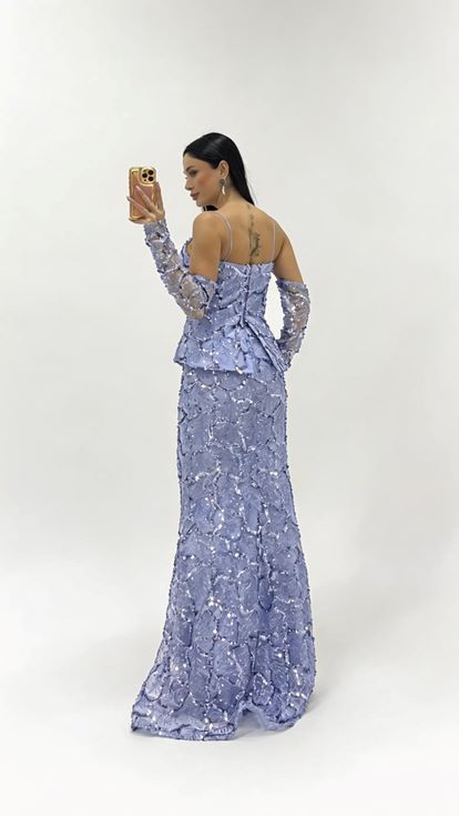 Bebe Mavi Pul Payet Omuzdan Acik Abiye Elbise