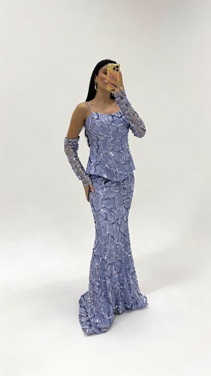 Bebe Mavi Pul Payet Omuzdan Acik Abiye Elbise