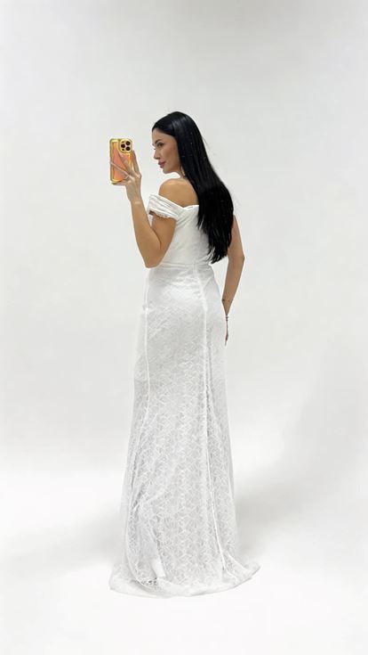 White Off Shoulder Lace Guipure Evening Dress