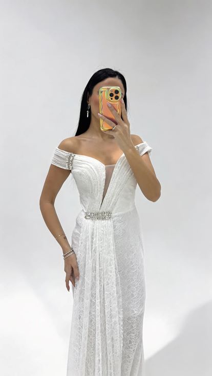 White Off Shoulder Lace Guipure Evening Dress