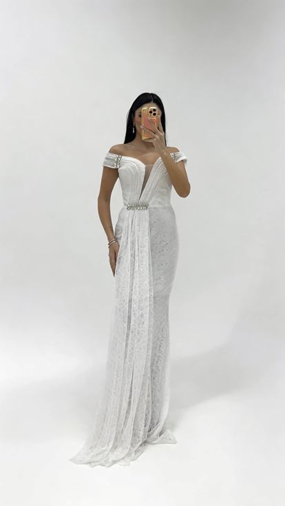 White Off Shoulder Lace Guipure Evening Dress