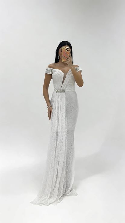White Off Shoulder Lace Guipure Evening Dress