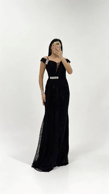 Black OffShoulder Lace Guipure Evening Dress