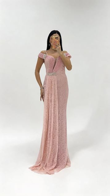Powder Pink OffShoulder Lace Guipure Evening Dress
