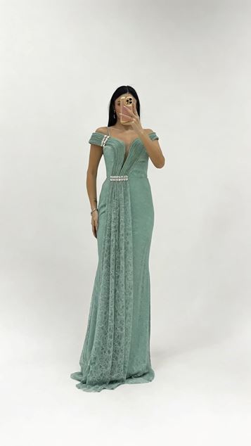Mint OffShoulder Lace Guipure Evening Dress