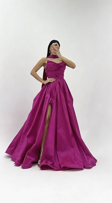 Fuchsia Princess Cut Evening Dress with Ruched Top Detail