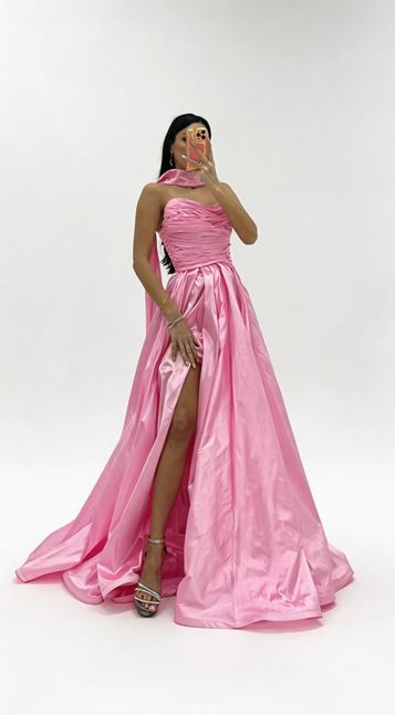 Pink Princess Cut Evening Dress with Ruched Top Detail