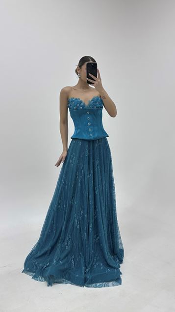 Abendkleid mit Korsett und floralen Verzierungen in Petrol