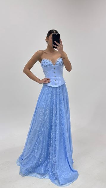 Blaues blumenverziertes KorsettAbendkleid