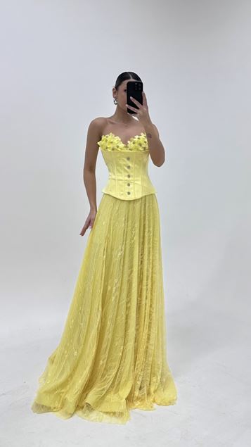 Butter Yellow Floral Embellished Corset Evening Dress