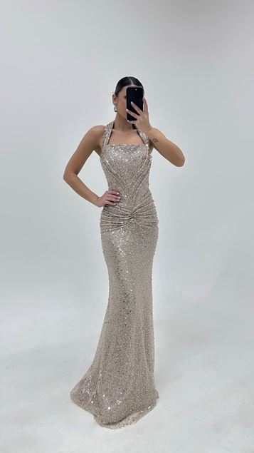 Mink Halter Neck Sparkling Evening Dress