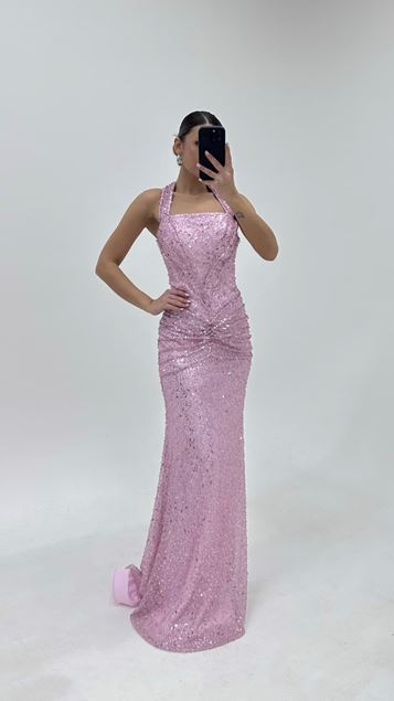 Pink Halter Neck Sparkling Evening Dress