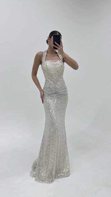 Bone Halter Neck Sparkling Evening Dress