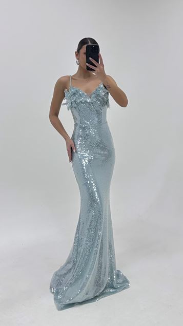 Robe de soirée à sequins et détails floraux couleur pétrole