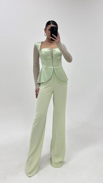 Mint Guipure Sleeve Stone Jumpsuit Evening Dress