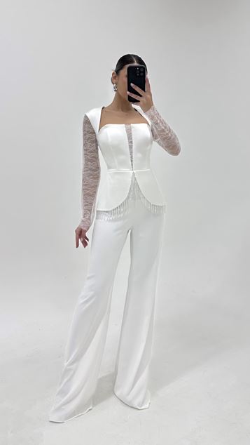 Bone Lace Sleeved Rhinestone Jumpsuit Evening Dress