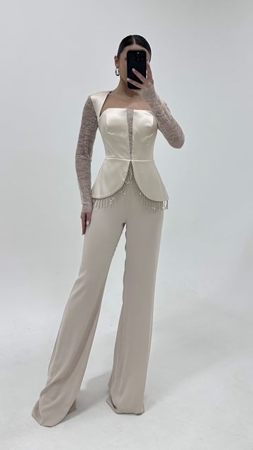 Stone Guipure Sleeve Stone Jumpsuit Evening Dress