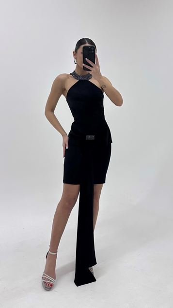 Black Stone Embellished Halter Neck Mini Evening Dress