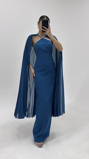 Vestido de noche tubo color petróleo