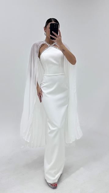 Vestido de noche tubo con capa de hueso