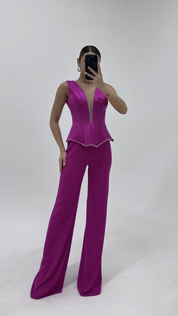Fuchsia Thick Strapped VNeck Evening Jumpsuit