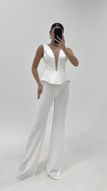 Bone Thick Strapped VNeck Evening Jumpsuit