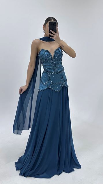 Petrol Heart Neckline Chiffon Evening Dress
