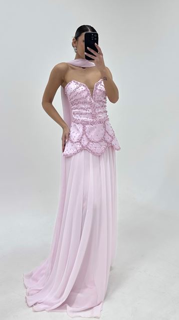 Pink Heart Neckline Chiffon Evening Dress