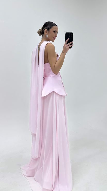Pembe Kalp Yaka Şifon Abiye Elbise