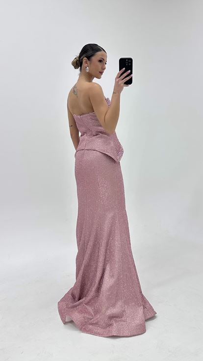 Puderrosa Herzausschnitt Perlenbestickt Abendkleid
