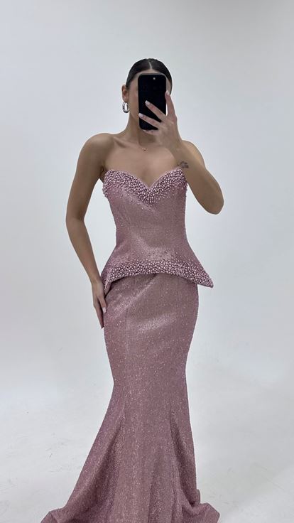 Puderrosa Herzausschnitt Perlenbestickt Abendkleid