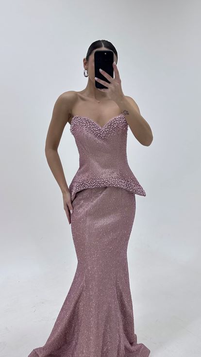 Puderrosa Herzausschnitt Perlenbestickt Abendkleid