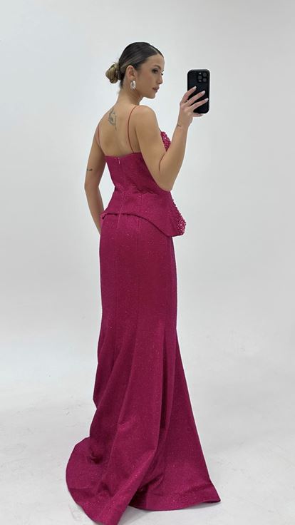 Fuchsiafarbenes Herzausschnitt Perlenbestickt Abendkleid